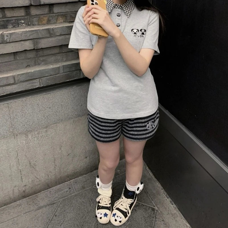 Japanese Shorts for Women Panda Embroidery Casual Pants Casual Fashion Striped Cute Summer Shorts Pantalones Cortos De Mujer