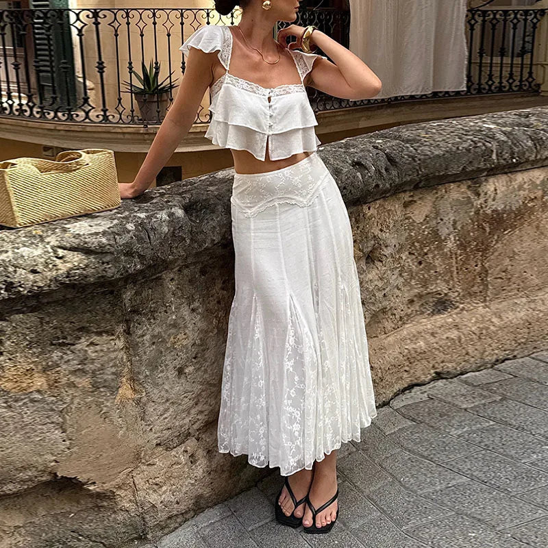 Lace Women Two Piece Set Camisole Tank Top See Through Wide Leg Jogger Pants Stylish Two Piece Outfit Lace Trim Detail  Fashion