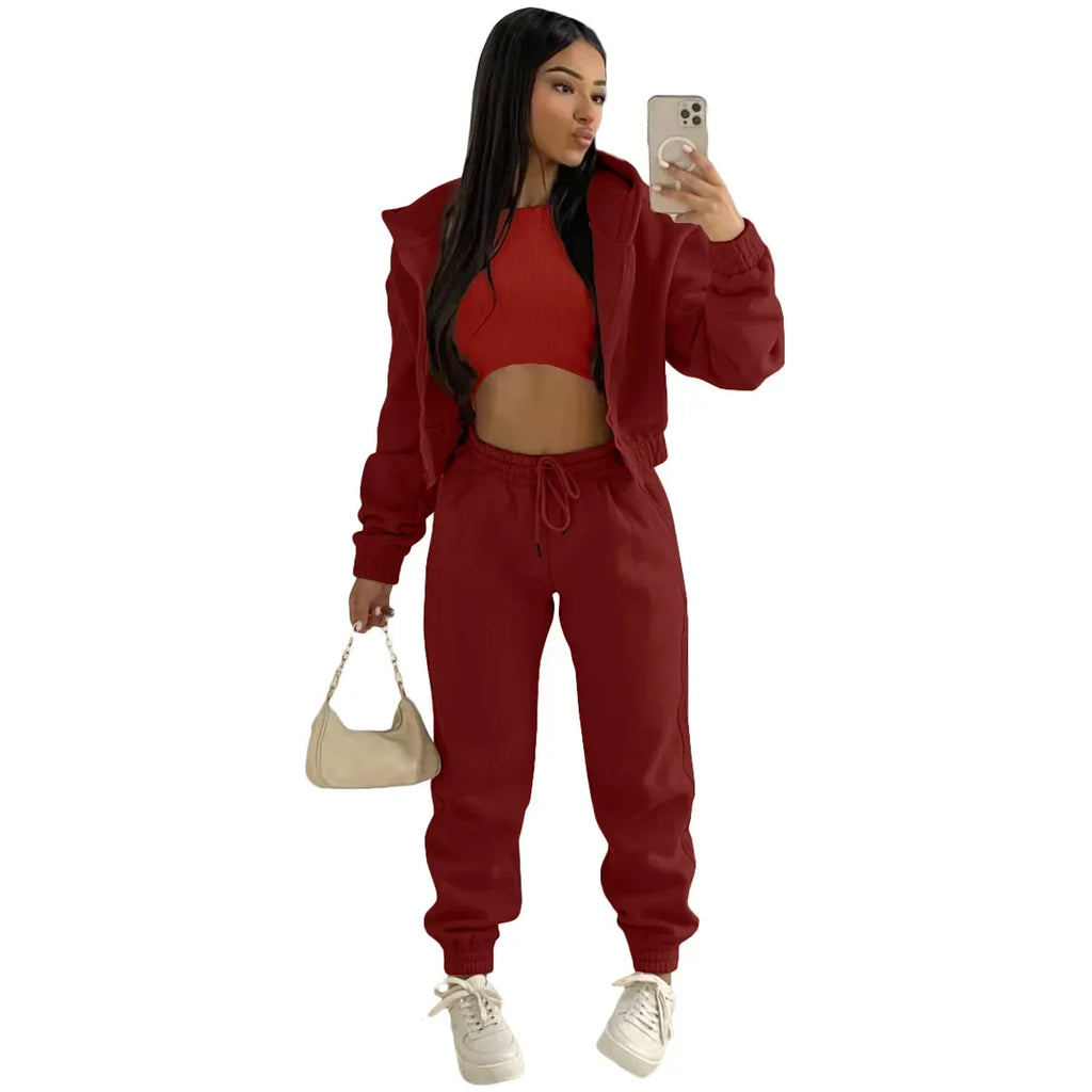 Waterarea Basic Active Women's Tracksuit Hooded Track Jacket +vest and Jogger Pants Suit Matching Three 3 Piece Set SportOutfits