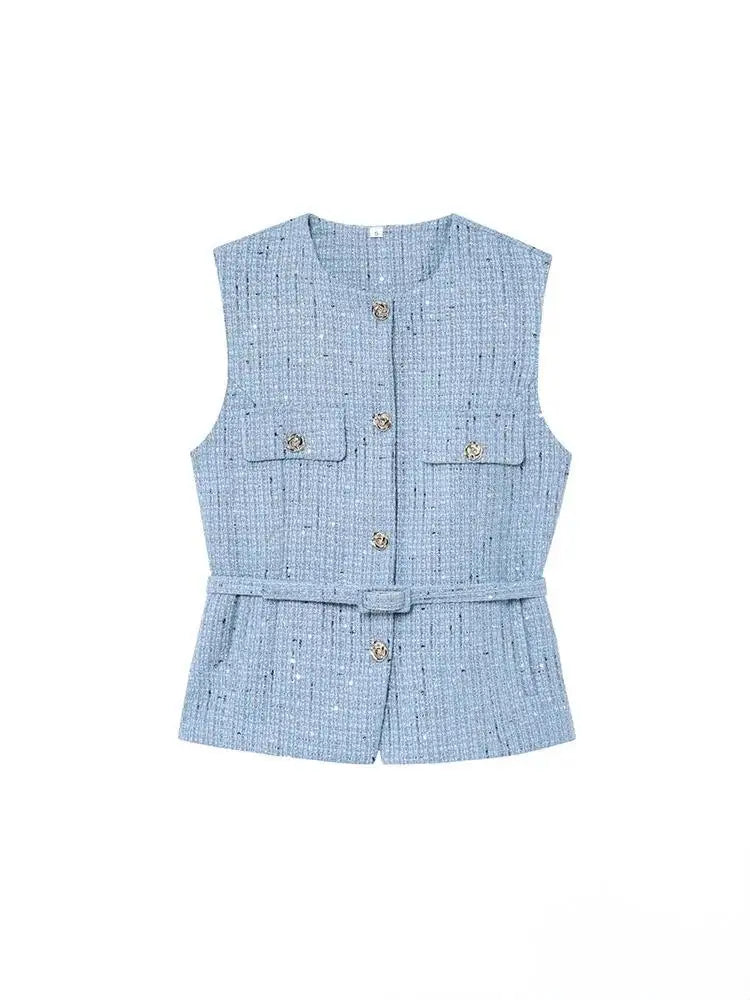 KONDALA Vintage Belt Twist Waistcoats Women O Neck Sleeveless Gold Button Vest Fashion 2025 Spring Summer Office Lady Blazer Top