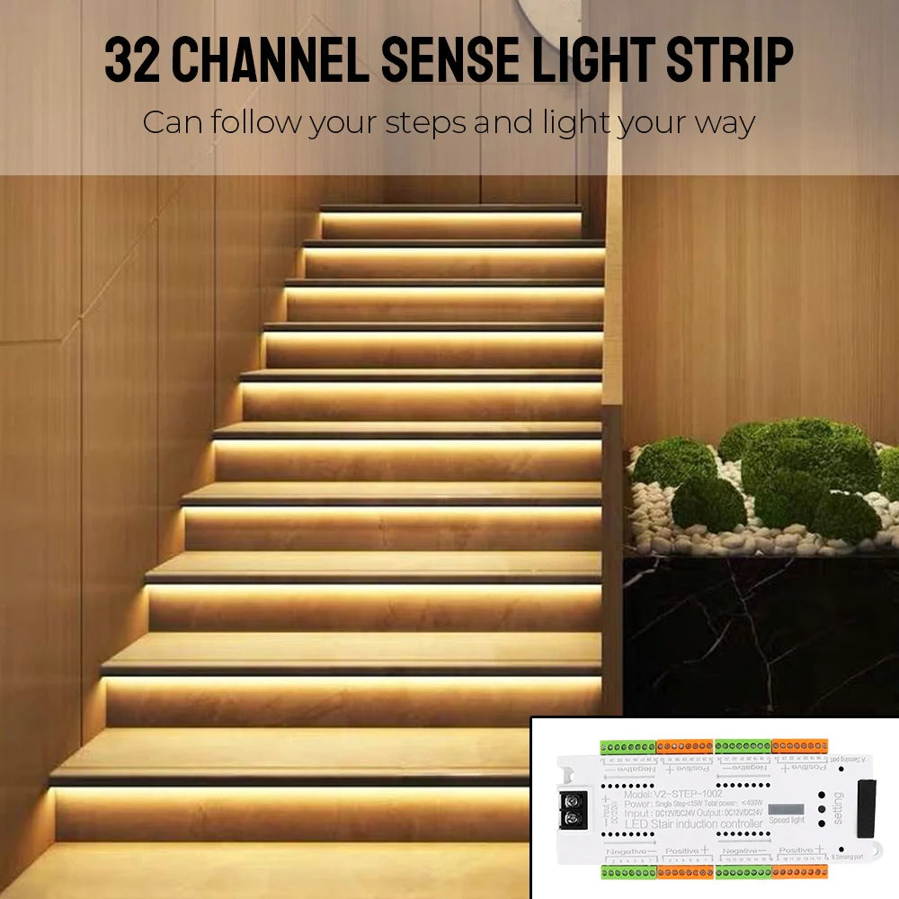 Stair Light Controller Kit Stairway Lighting 32 Channels For Stairs Flexible Strip Automatic DC 12V 24V LED Motion Sensor