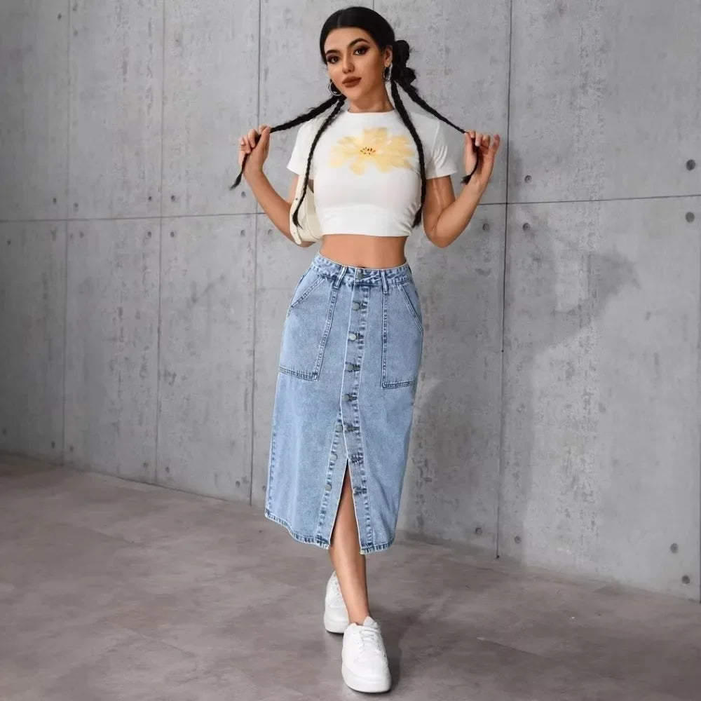 Women Waist Stretchy Denim Pencil Skirt, Midi Knee Length Slit Bodycon Flattering Casual Daily Streetwear Chic Ladies Midi Skirt
