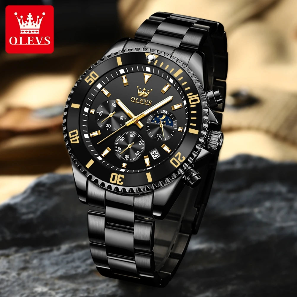 OLEVS 2870 Gold Men Watch Luxury Original Diving Series Men Watch Calendar Moon Phase Chronograph Sport Men Quartz Watch Gift
