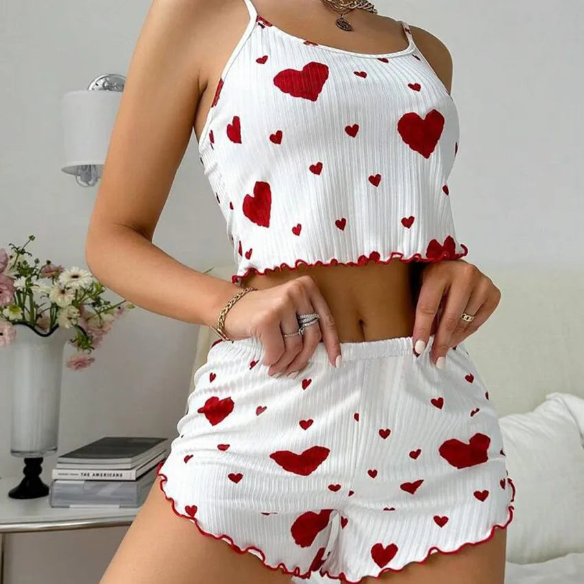 2 Pieces Set Women'S Pajama Shorts Suit Homewear Print Underwear Pijama Sexy Lingerie Camisoles Tanks Nighty Ladies Sleepwear