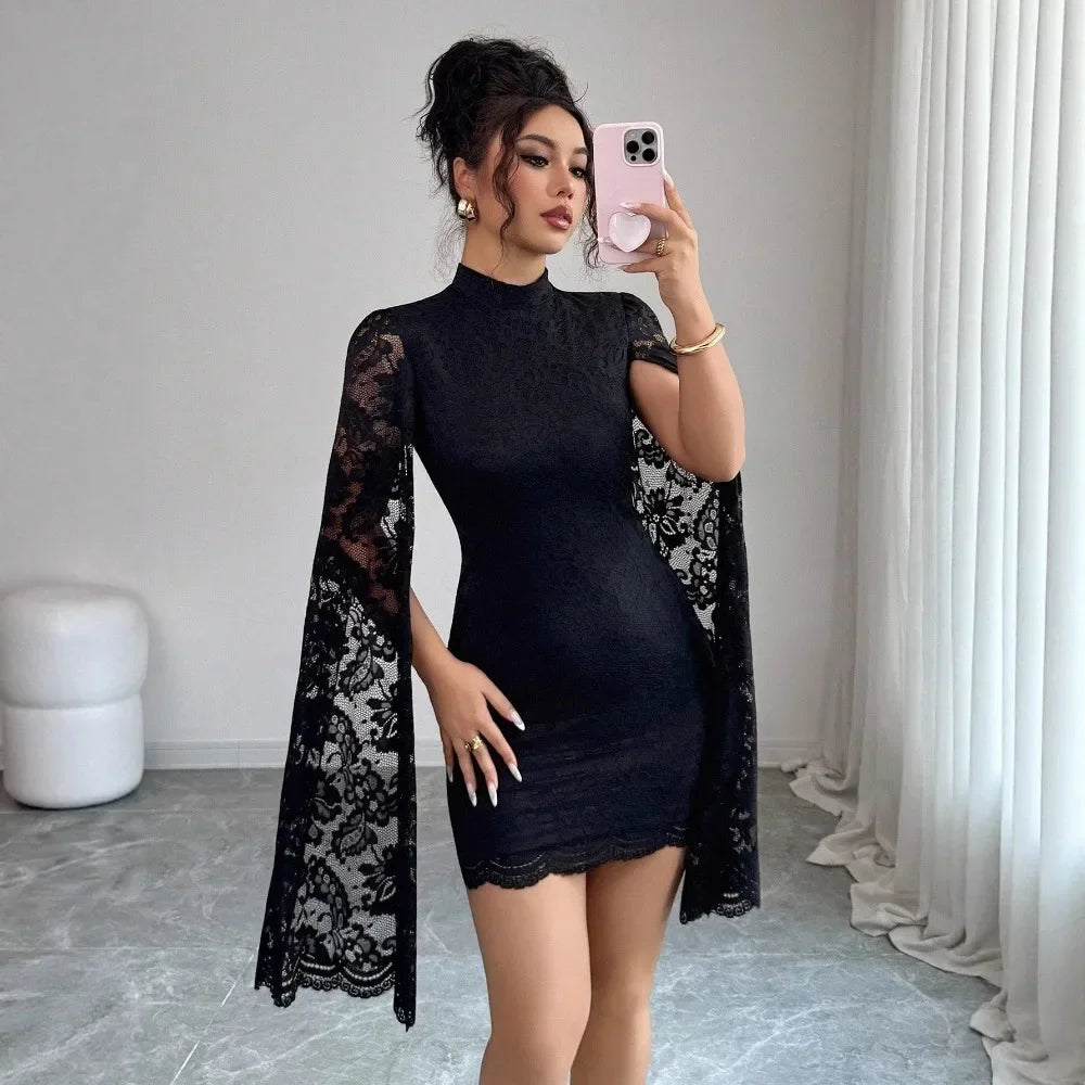 Women Sexy Long Sleeve Lace Dress 2026 Fall Winter, Mandarin Collar Side Slit Slim Midi Dress For Cocktail Dating Night Out