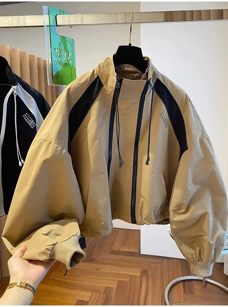 Color-Blocked Loose Casual Stand Up Collar Trench Coat Women's Spring Autumn Patchwork Short Jacket Double Zipper Outwear