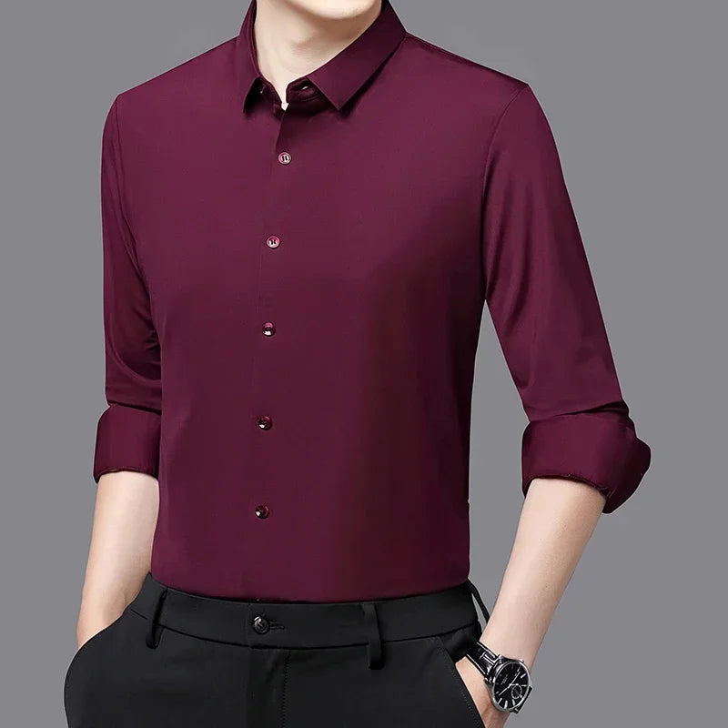 Seamless Anti-wrinkle Business Silky High Elastic Spandex Men's Long-sleeved Shirt Formal Social Non-iron Solid Color Casual