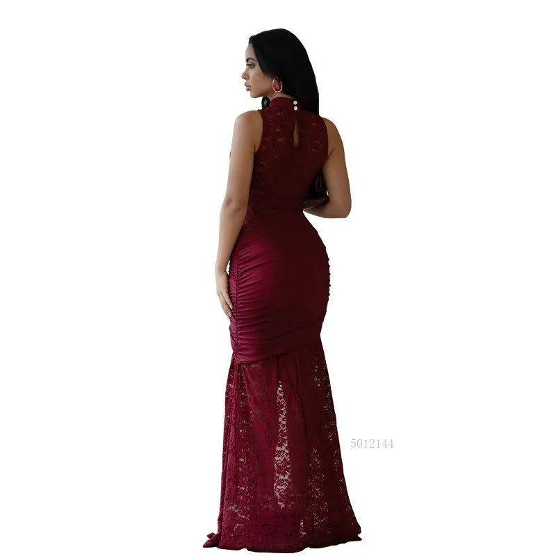 Sexy Women Lace Hollow Out Sleeveless Ruched High Split Maxi Long Dress 2026 Party Trendy Birthday Vacation Beach Dresses