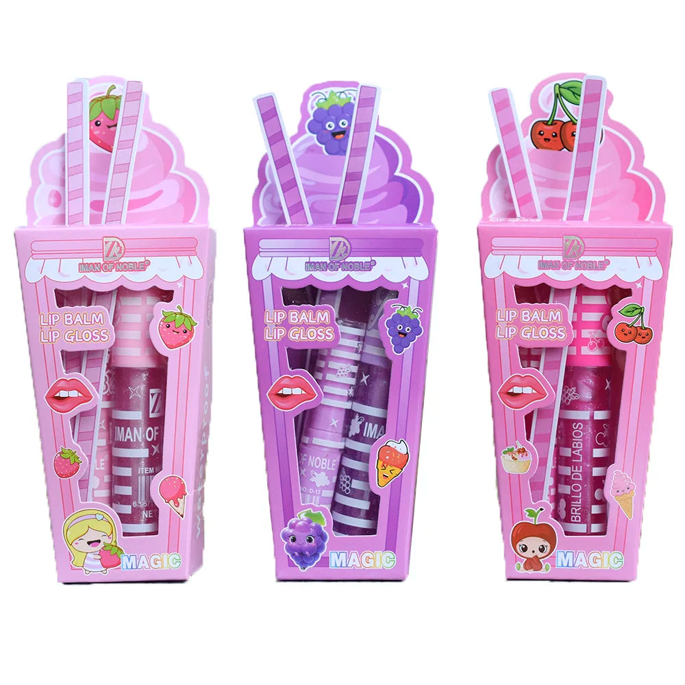 Cute Ice Cream Shiny Lip Gloss Lip Balm Set Girls Woman Waterproof Longlasting Natural Moisturizing Lips Makeup