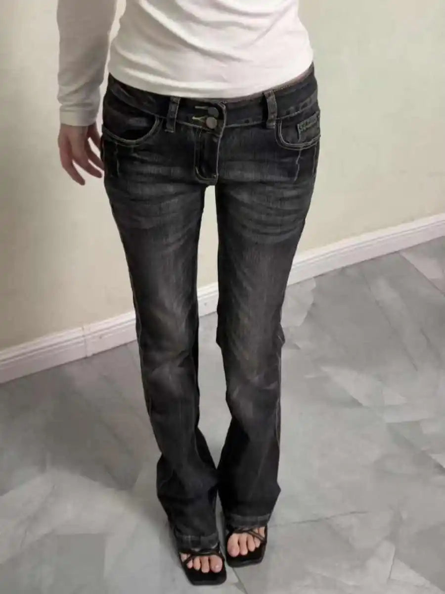 Women's Skinny Denim Pants Kpop Designer 2000s Abi Bell Bottom Low Rise Jeans Abi Long Trousers Japanese Y2k Grunge High Street