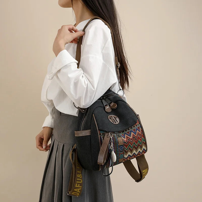 Denim ethnic style embroidered women's double shoulder bag, color-matched large capacity backpack, multi-purpose crossbody bag