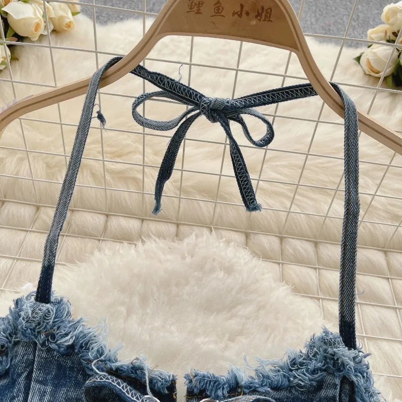Retro Women Bikini Denim Suits Summer Halter Camis+ Mini Pant Lingerie Fashion Vacation Swimsuits Sexy Bra&Briefs Sets