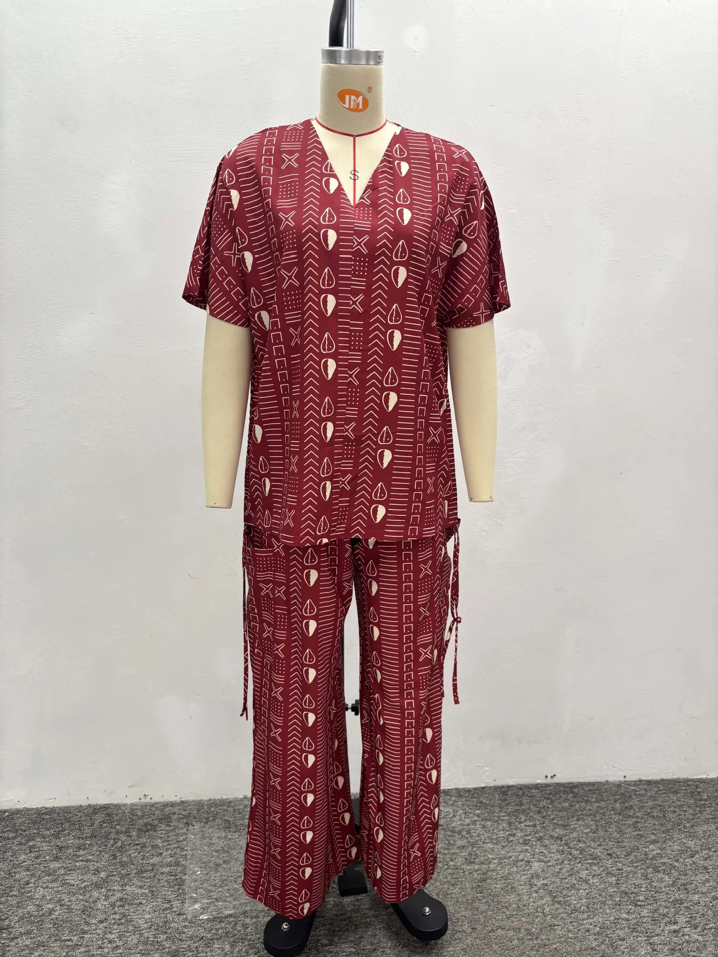New Fashion Printed Two-piece Set Women's Loose Casual Short-sleeved Drawstring Waist Slimming V-neck Shirt Wide-leg Pants Sets