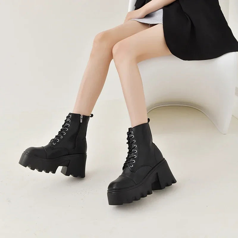 2024 Winter Plus Size Shoes for Women Side Zip Women's Ankle Boots Platform Square Heel Ladies Boots Lace-up Shoes Female