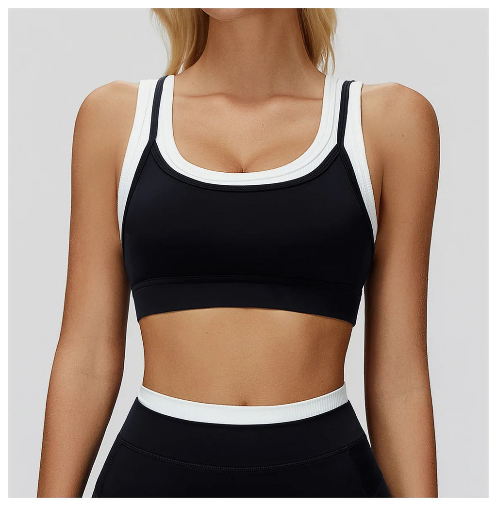 Custom LOGO Women's Naked Fake Two-piece Sports Vest Threaded Contrast Yoga Bra Running Fitness Clothing Top