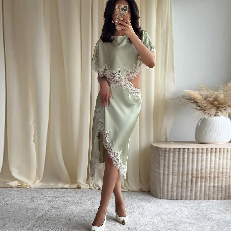 Lightweight Chiffon V-Neck Lace Insert Waist Maxi Dress Cutout Puff Sleeve 2026 Summer Women Party Dress Trendy Chic Lady Outfit