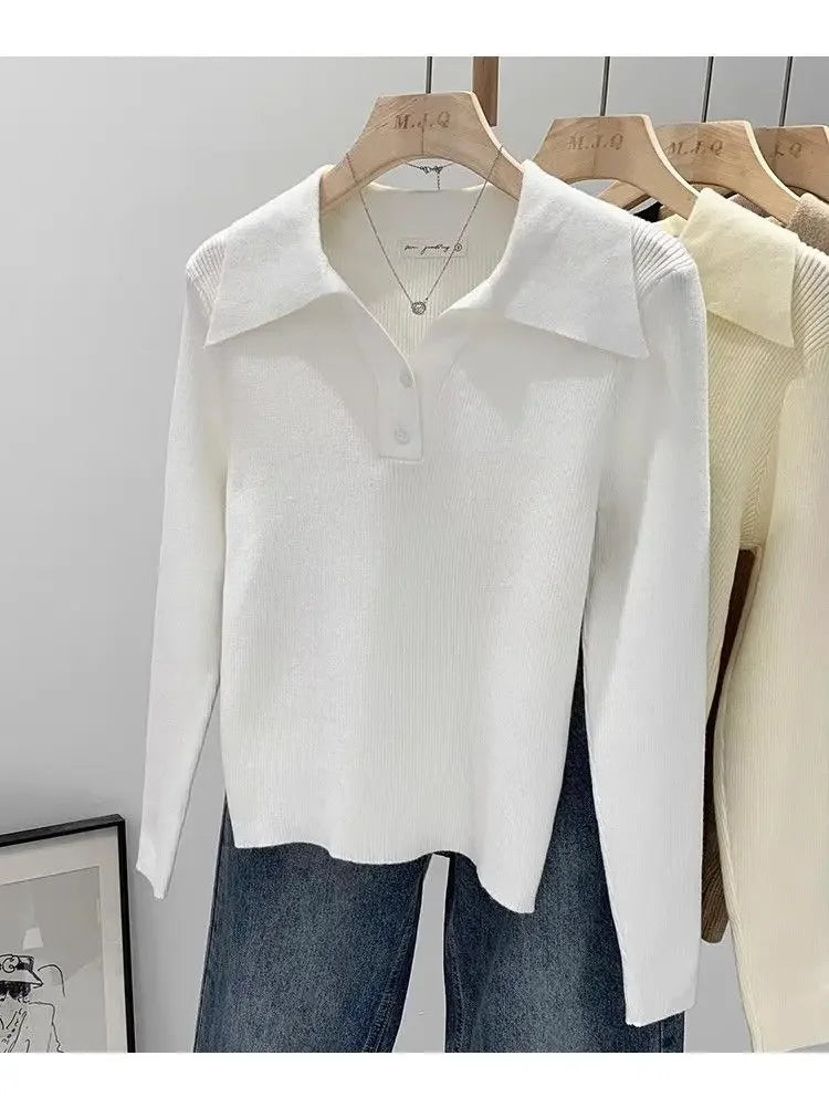 Polo Collar Knit Sweater Women Pullovers Casual Button Front Long Sleeve Rib-knit Jumper Chic Knitwear Trend Autumn Winter Tops