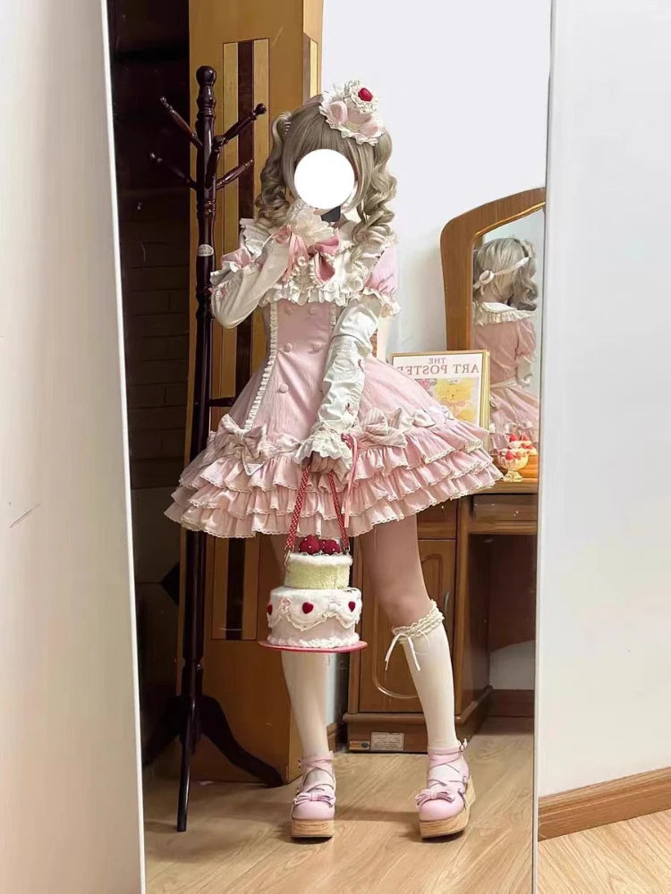 2025 Japanese Kawaii Sweet Lolita Princess Dress Women Pink Y2k Bow Lovely Slim Dresses Female Korea Style Design Chic Outfits
