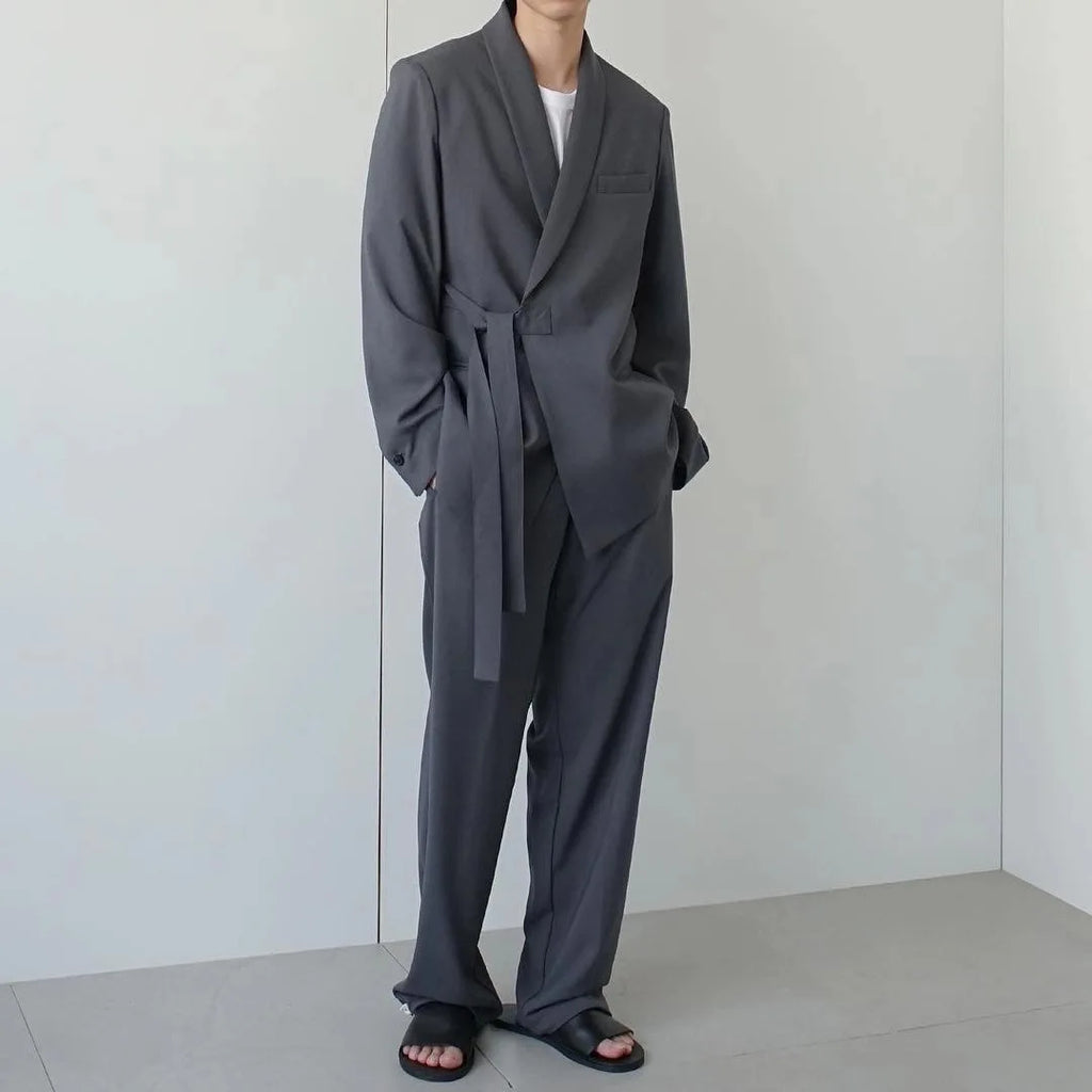 Spring Autumn Men's Loose Half Sleeved Suits Blazer Pants  2 Pieces Solid Clor Fashion Half Waistband Casual Blazer Suit Sets