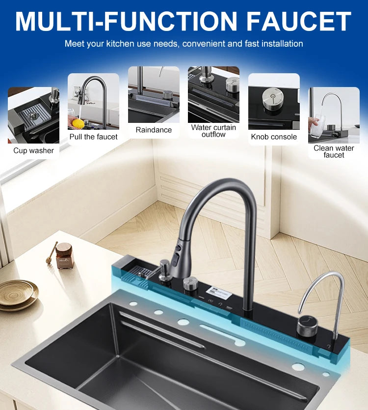 Light Emitting Diode Digital Nano Handmade Modern Single Slot Stainless Steel Waterfall Multifunctional Smart Kitchen Sink