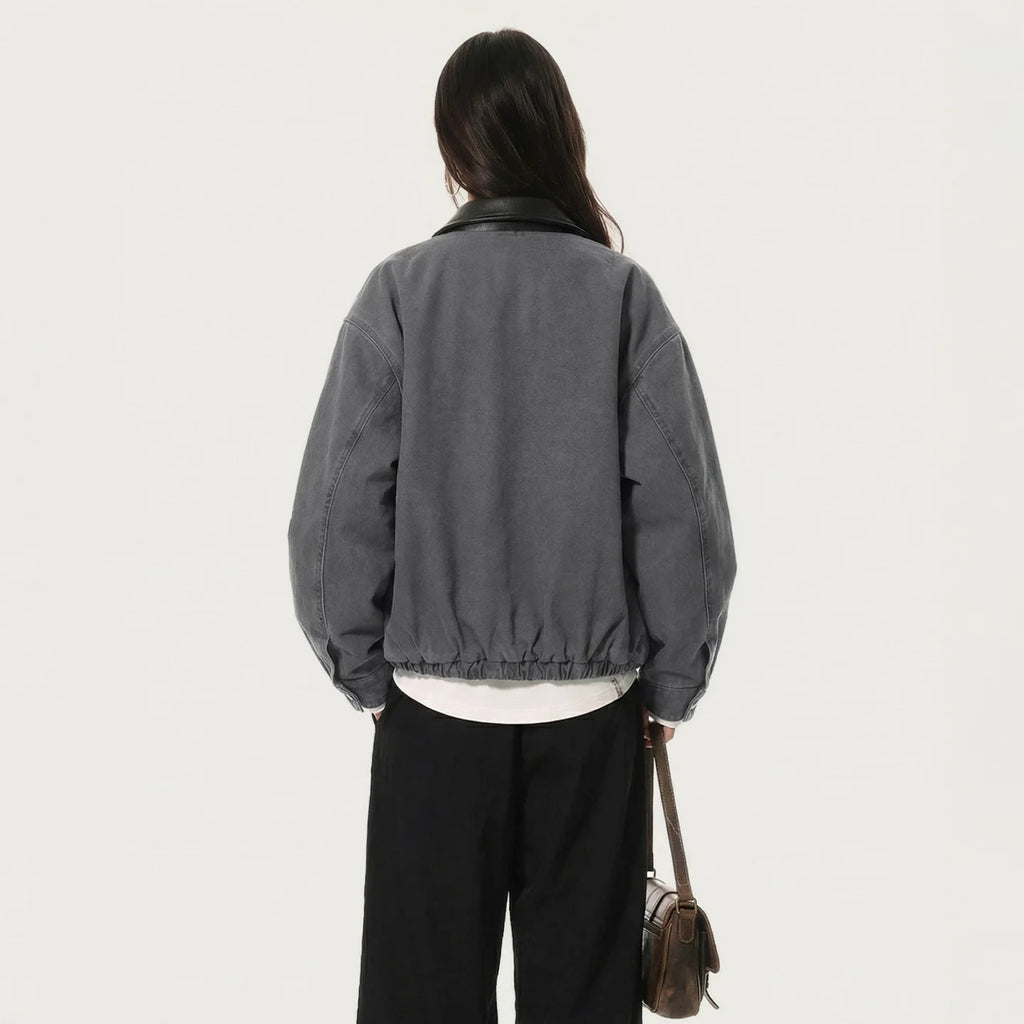 Maden Women’s Cotton Grey Detroit Jacket with Faux Leather Collar Short Solid Loose Zip Coat Spring Fall Casual Femal Outerwear