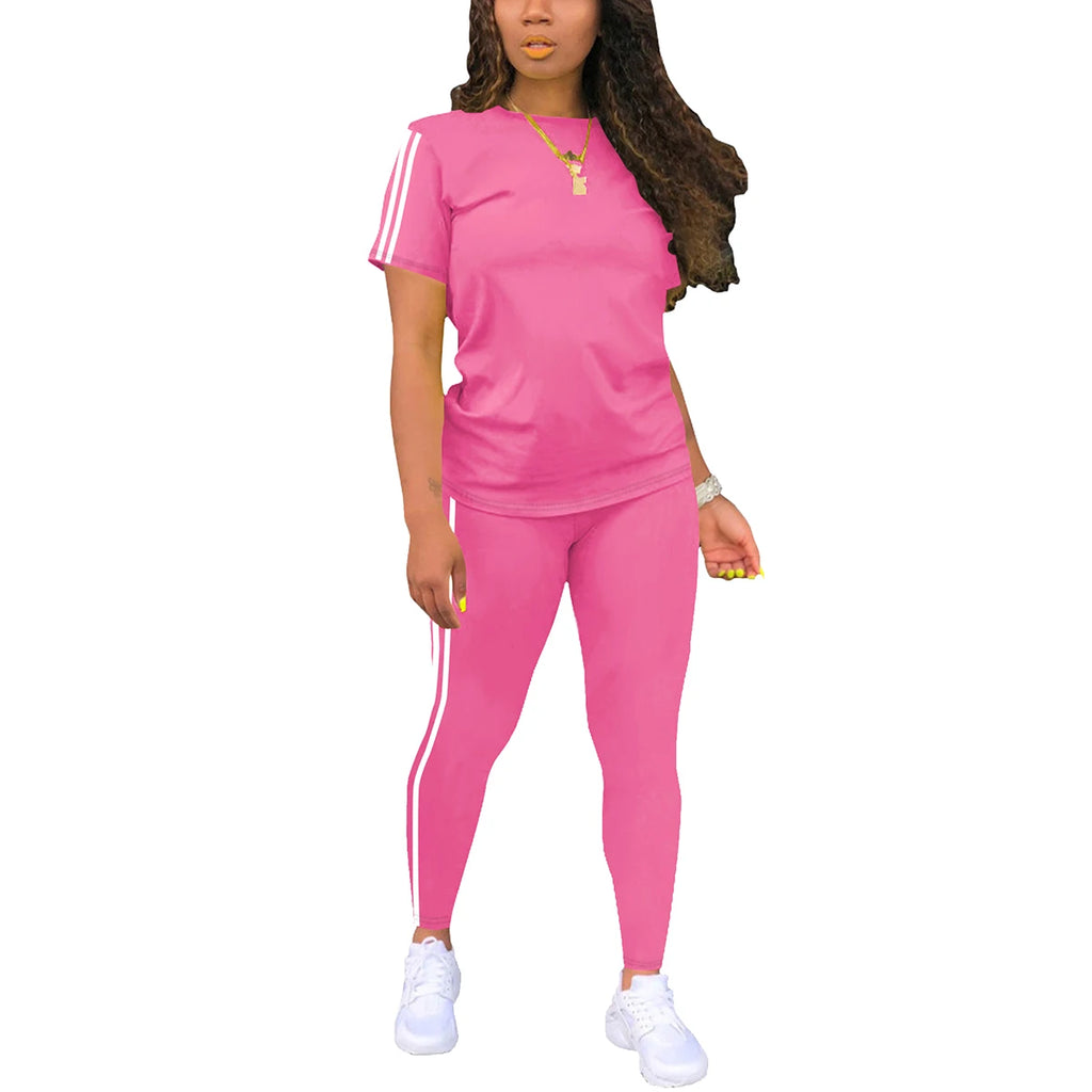 Women's Side-Striped Summer Sportswear Set Short Sleeve Long Pants Breathable Base Layer Clothing Colorful Casual Outfit