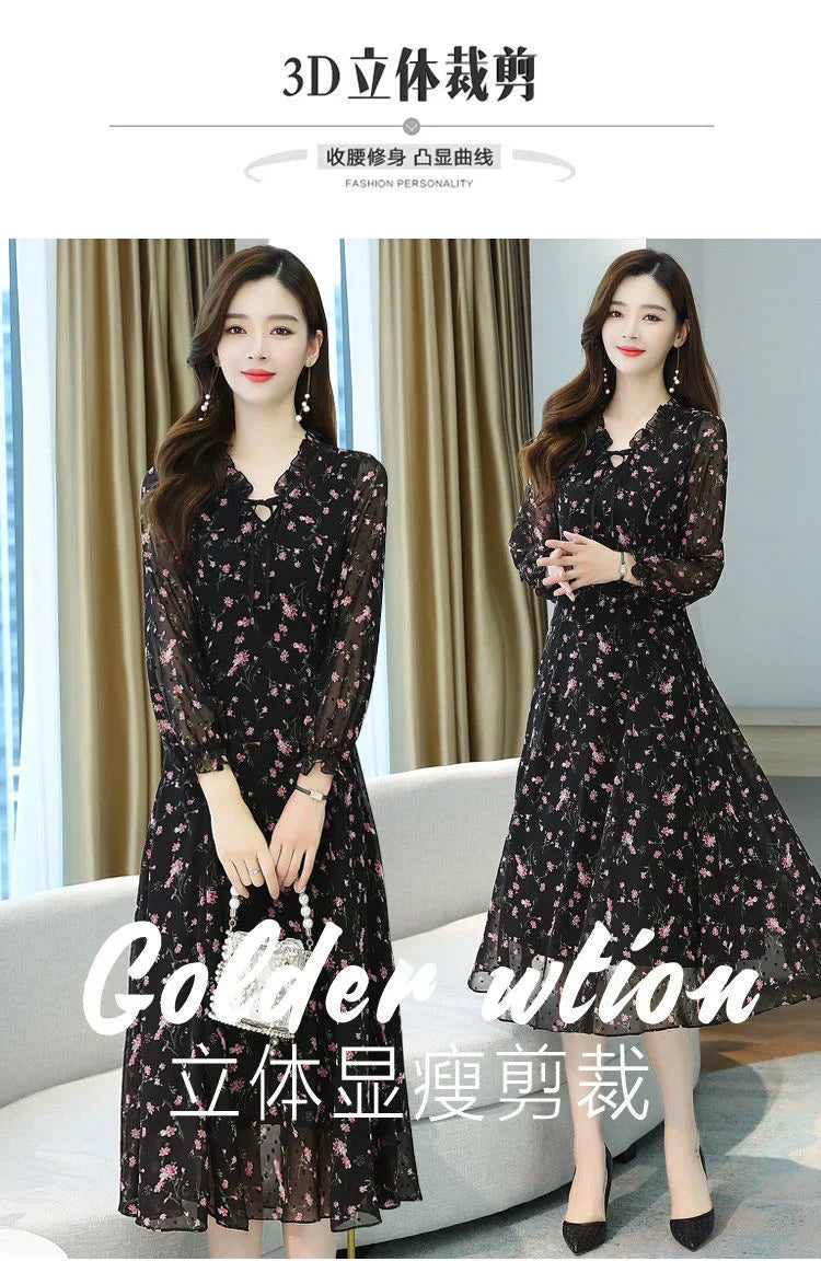 Woman Dress Summer Autumn New Long Sleeve Small Floral Chiffon Dress Dress Vestido De Mujer