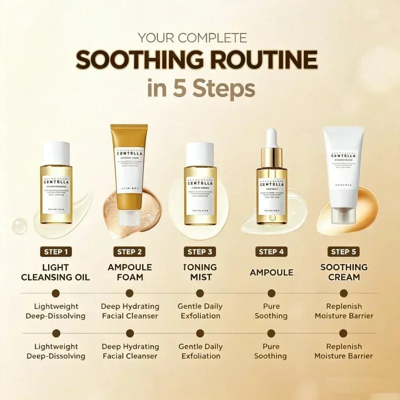 Korean Centella Travel Kit,Toner, Ampoule,Soothing Cream,Ampoule Foam,Cleansing Oil Daily Skincare Mini 5pcs Trial Kit Box Gifts