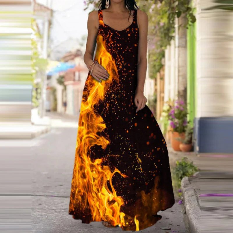 Women's Fashionable Flame Printed Sleeveless Dress  Summer Casual Printed Long Dress