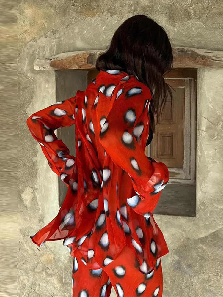 Beach Vacation Printed Shirt Pant Set Women Red See Through Lapel Full Sleeve Button Shirts Pants Suit 2026 Summer Casual Outfit