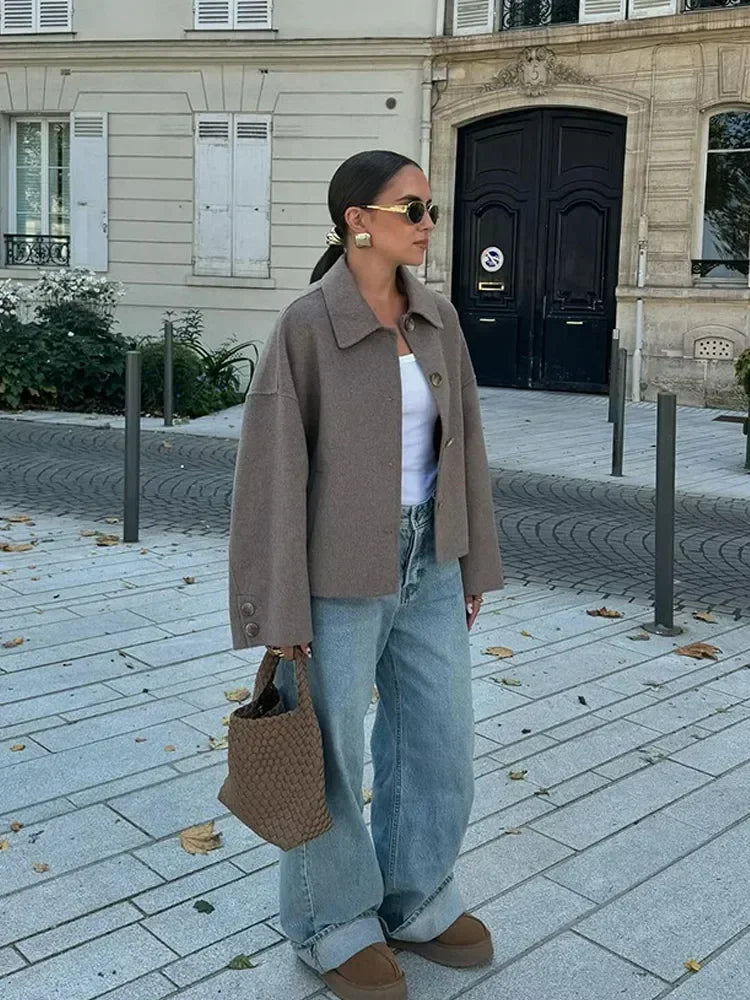Solid Lapel Full Sleeve Coat  Elegant Single Breasted Pockets Short Loose Outwear For Women 2026 New Casual High Street Overcoat