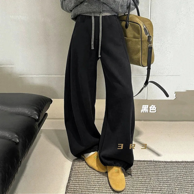 Women Drawstring Baggy Sweatpants High Waist Loose Wide Leg Curved Trousers Casual Soft Streetwear Jogger Pants for Daily Wear