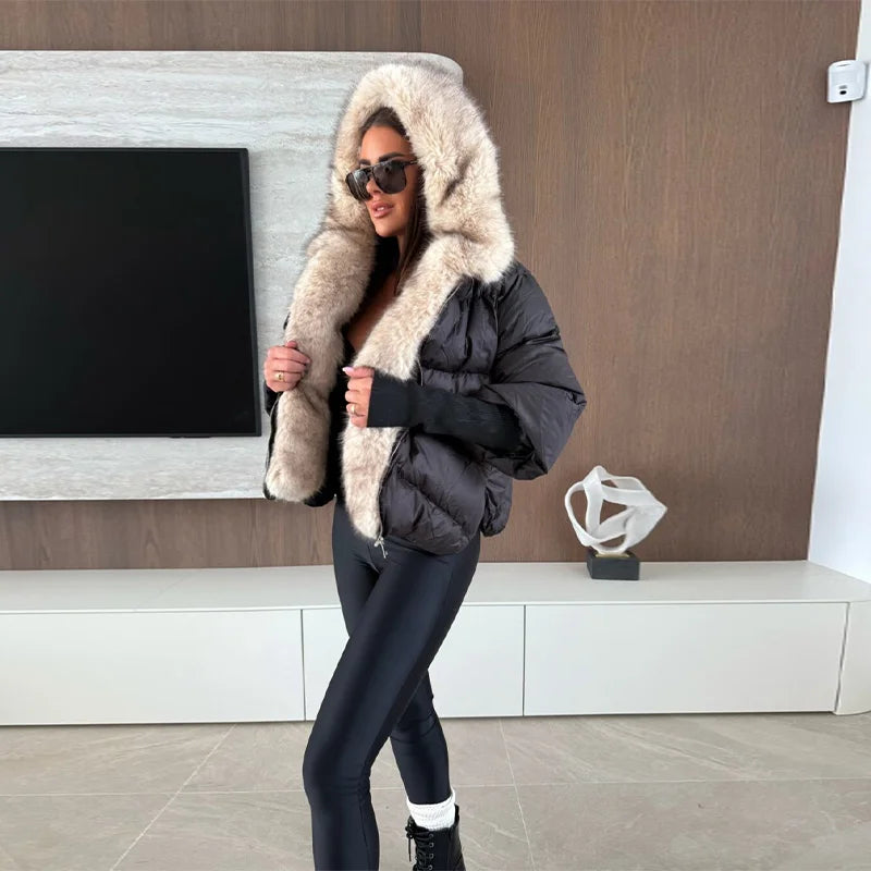 Fashion Women's Faux Fur Hooded Winter Jackets 2025 Warm Patchwork Zipper Full Sleeve Coats Puffer Female Solid Down Jacket