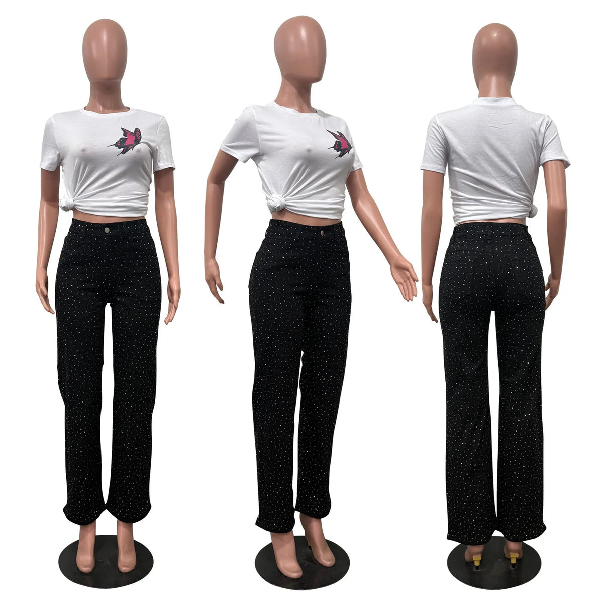 Women's Outfit Featuring Diamond-studded Washed Denim Pants Women's High-waisted Straight-leg Pants, and "hot Girl" Style Pants.