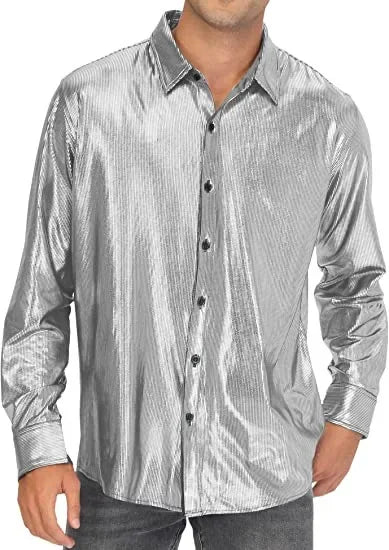 Metallic Shiny Polyester Dress Shirts for Men Black Solid Gold Red Silver Long Sleeve Turn Down Collar Prom Disco Men's Shirt