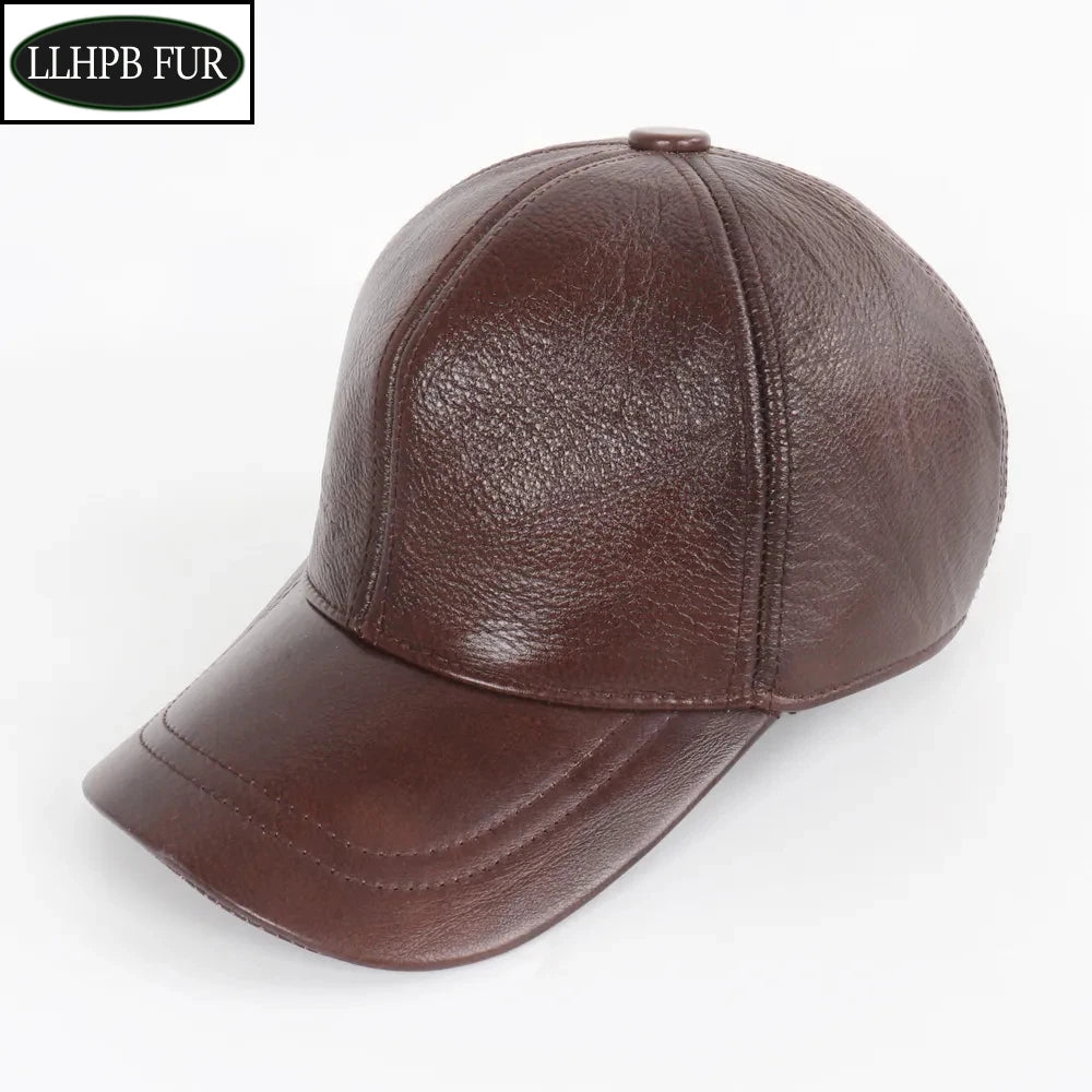New Men Casual Real Leather Earflap Cap Men Real Cowhide Leather Caps Male Fall Winter Genuine Real Cow Leather Baseball Hats