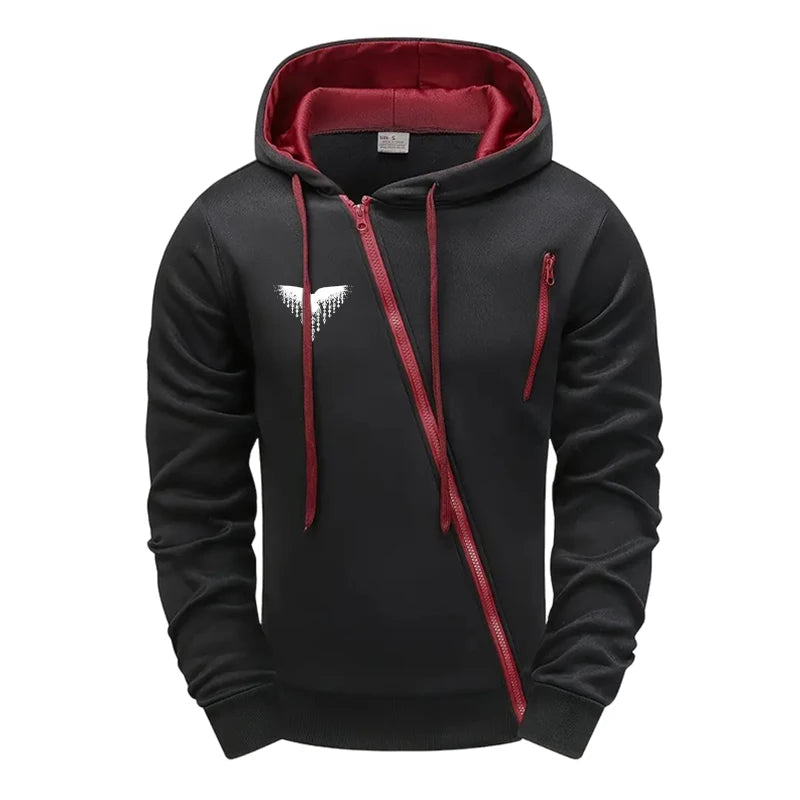 Mens Casual Riding Set 2025 Diagonal Zipper Hoodie with Joggers Urban Streetwear Tracksuit Autumn Winter