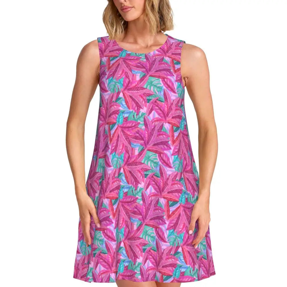 Cute Beach Leaf Tank Dress Pink Leaves Print Sleeveless Modern Dresses Women O Neck Simple Dress Day Pattern Clothes Gift Idea