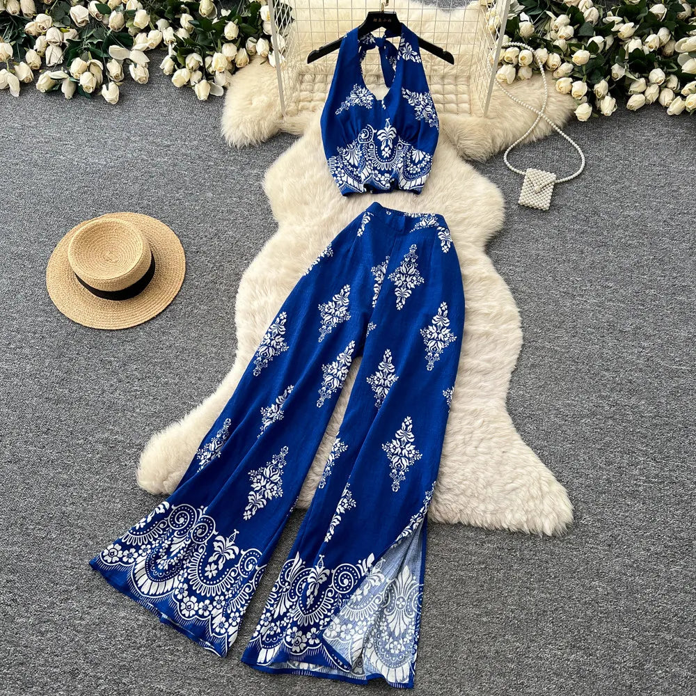 Women's Summer Two Pieces Bohemian Vacation Printed Halter Neck Sleeveless Top High Waist Wide Leg Pants Two-piece Set TP044