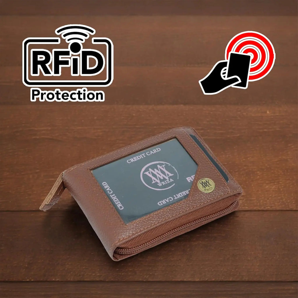 WRIZA Bi Fold Zipper Card Holder Genuine Leather with RFID Protection Slim Wallet with 10 Card Slots for Men and Women