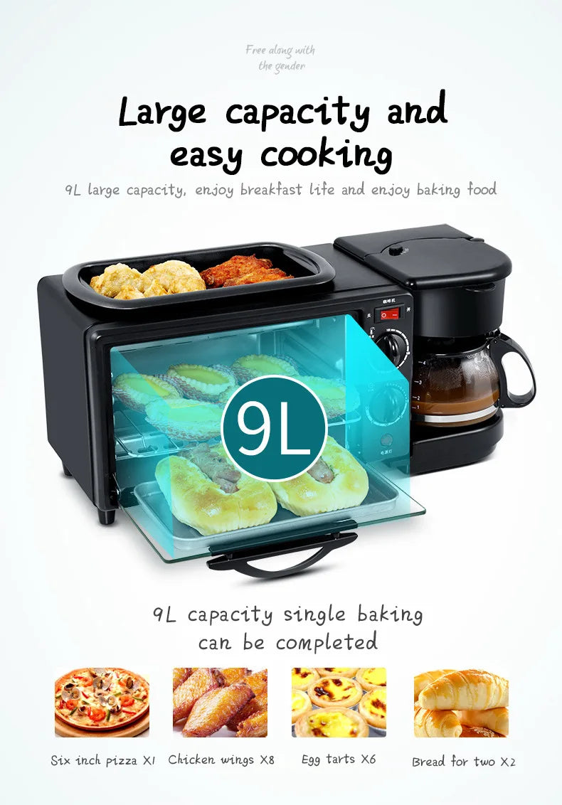 Multi Function 3in1 Breakfast Maker Electric Bread Roast Oven Steaming Coffee Pot Frying Fan In One Machine Kitchen Appliances