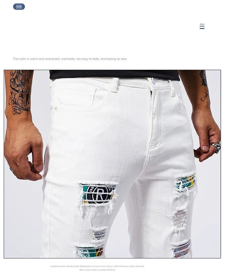 White 97% Cotton Jeans Men Clothing New Ripped Slim Patchwork Fashion Hole Skinny Elasticity Denim Trousers Male Streetwear