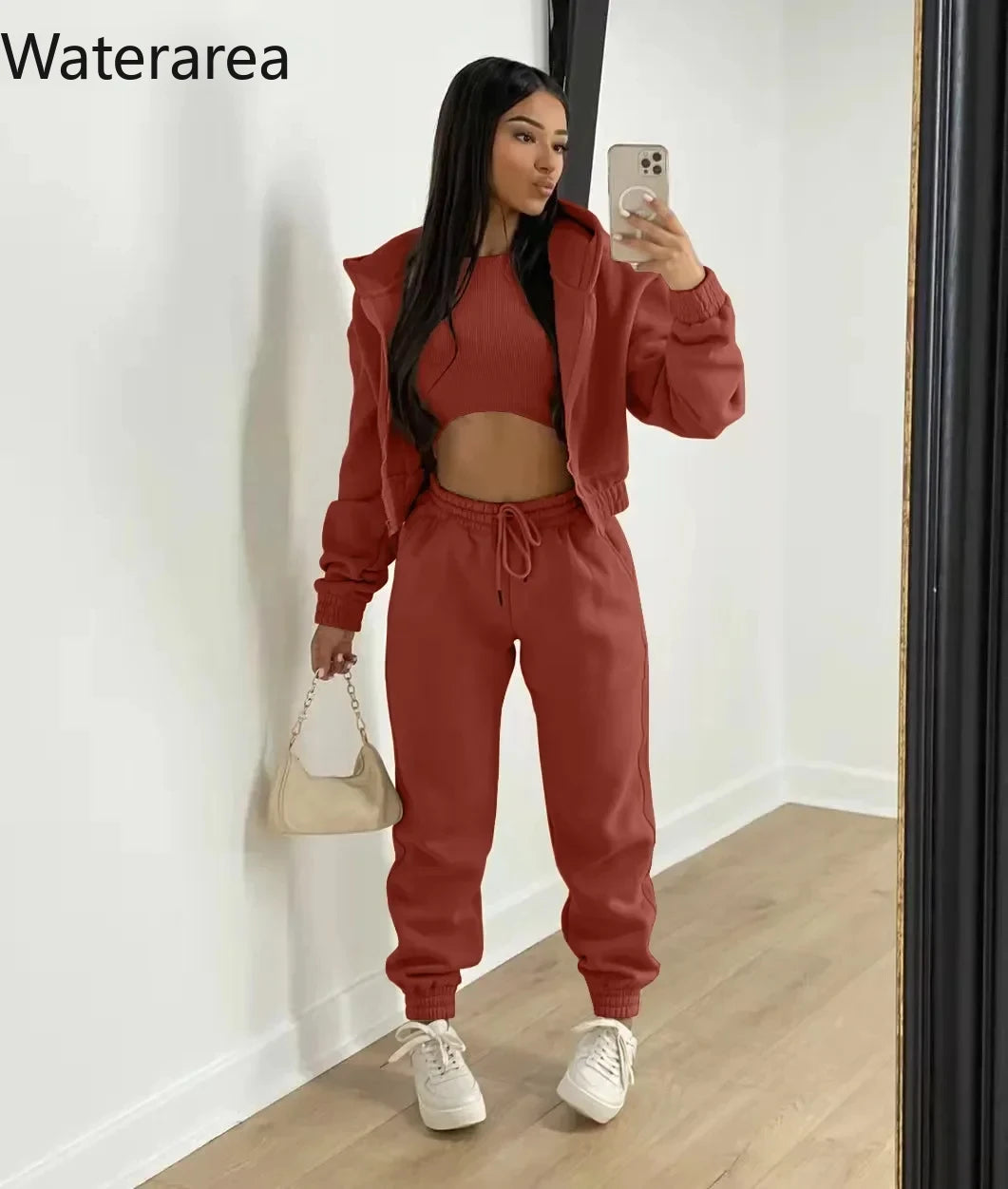 Waterarea Basic Active Women's Tracksuit Hooded Track Jacket +vest and Jogger Pants Suit Matching Three 3 Piece Set SportOutfits