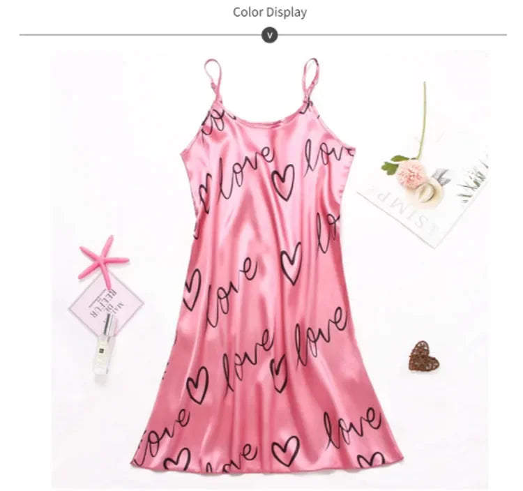 Sleepwear Women's Sexy Lingerie Heart Print Nightdress Scoop Neck Criss Cross Back Sleepdress Nightgowns Pajamas Nighties