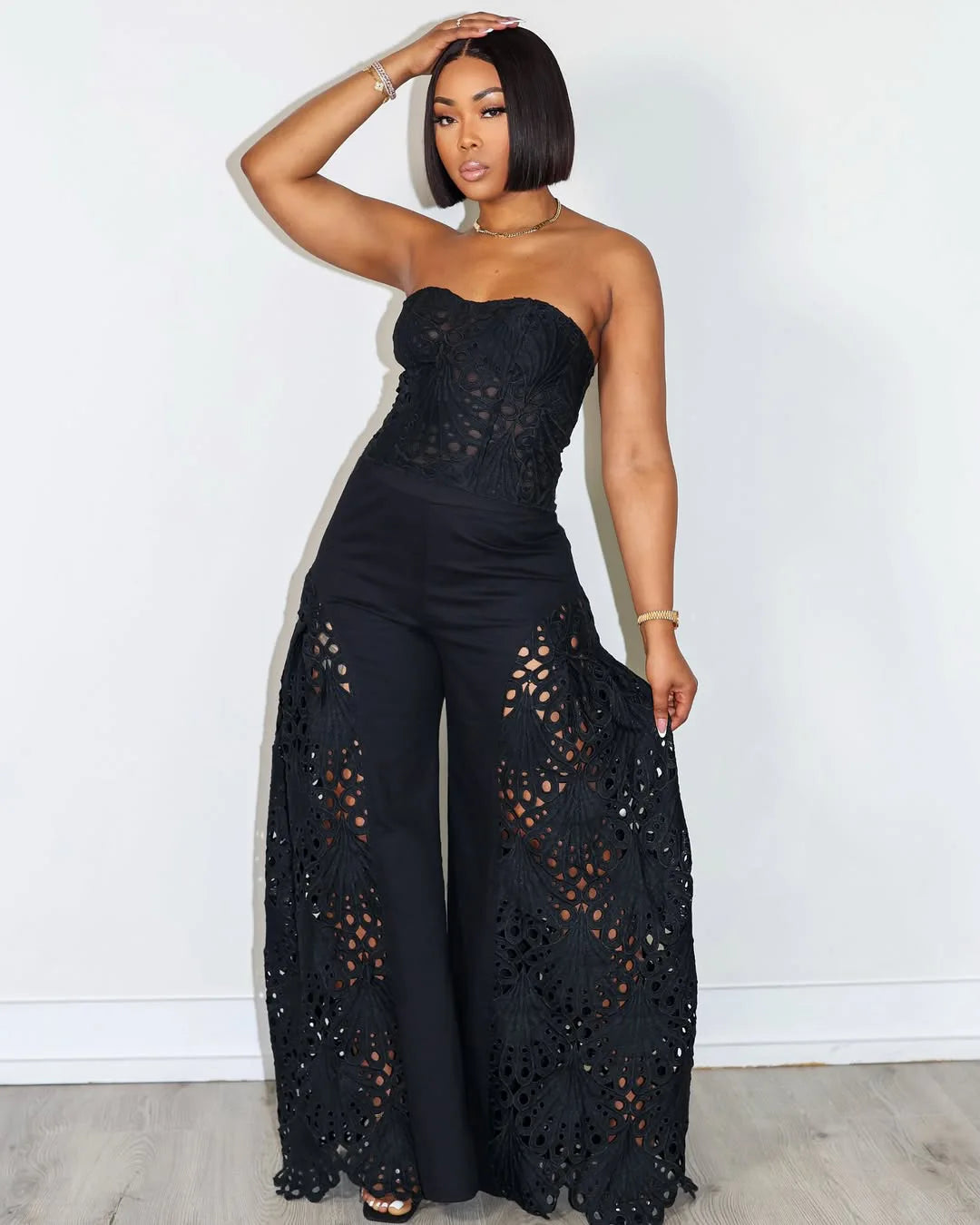 Women's Solid Color Pants Sets Hollow Out Lace Tube Top Cropped Top High Waist Trousers Two Piece Set Sexy Hot Girl Streetwear
