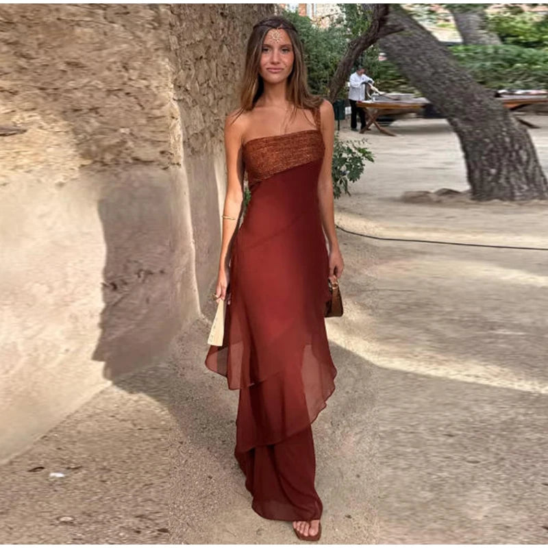 Elegant Patchwork Women's Dress Sleeveless Cascading Ruffle Skew-Collar Lady Long Dresses 2026 Summer Chic Female Vacation Robe