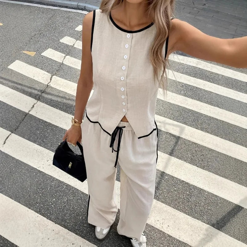 Women Color Block Two Piece Set Sleeveless Single Breasted Vest Drawstring Long Pants European Daily European Casual Daily