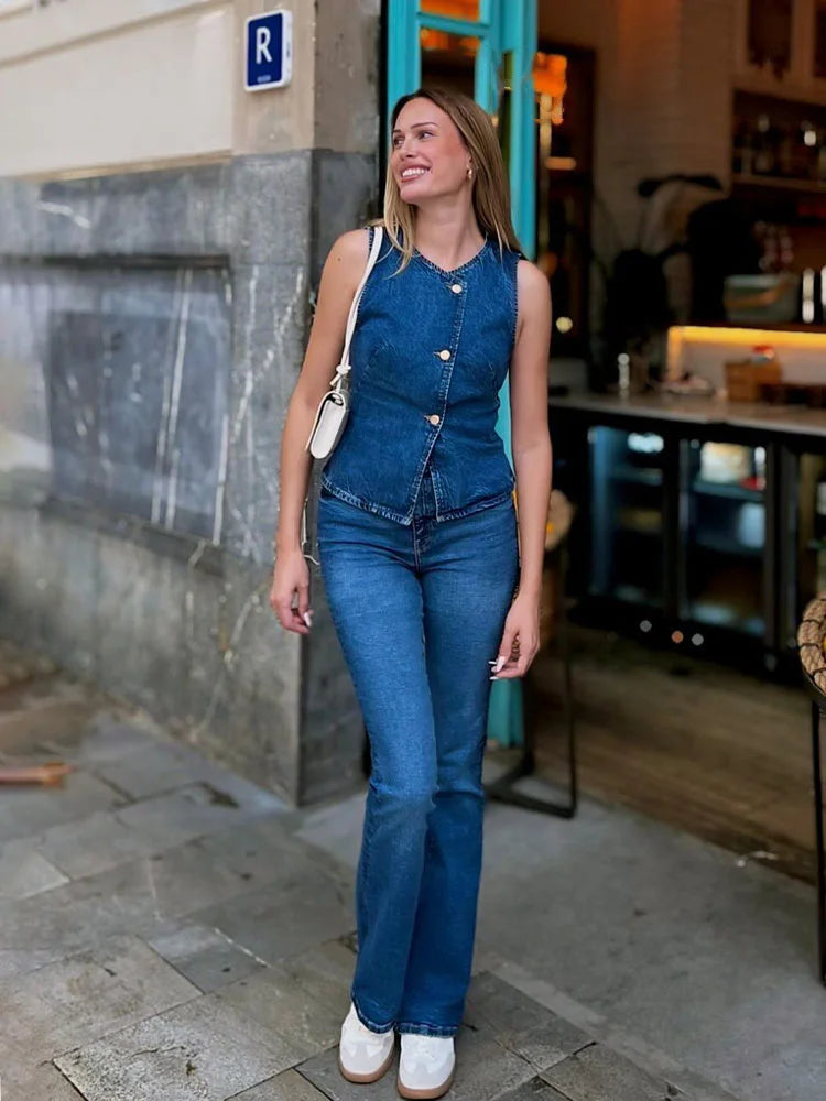 HH 2025 Summer Women Fashion Denim Trousers Set Solid Cropped Vest Top + Chain Lace Up Versatile Female Wide Leg Long Pant