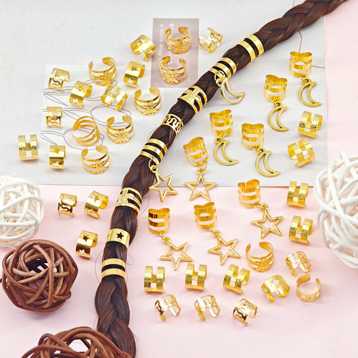 50pcs Golden Star Moon Hair Clips Braid Jewelry Dreadlock Accessories Loc Adornment for Braids Decoration