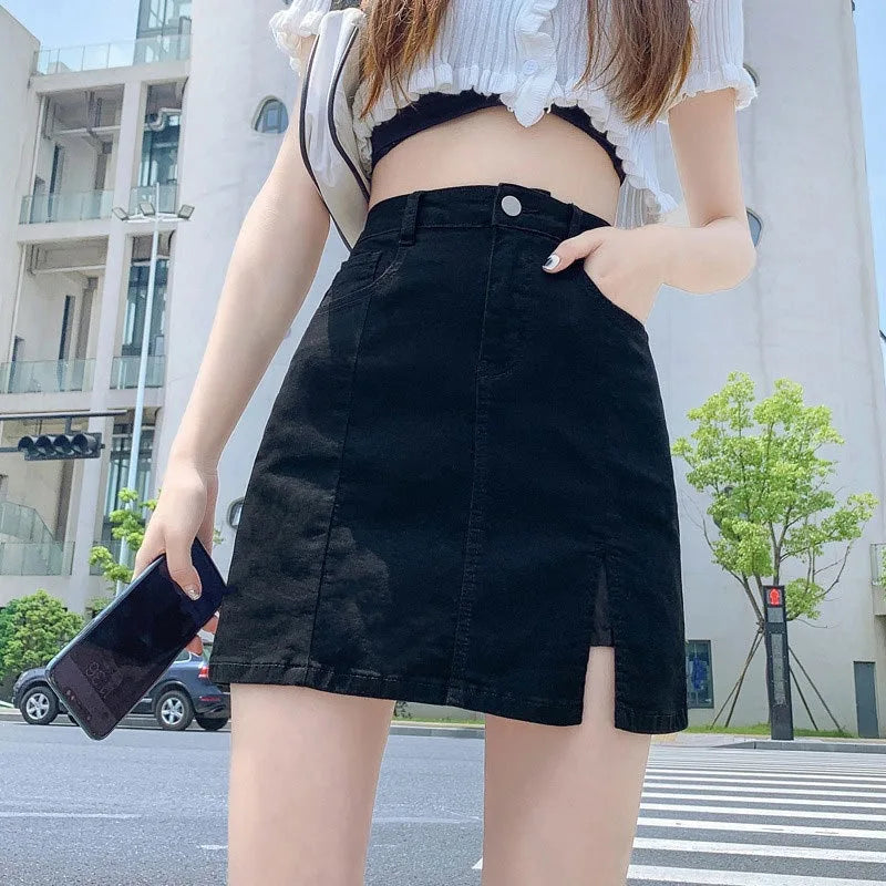 Denim Short Skirt Women's New Summer High Waist Split Half Body Retro Wrapped Hip Skirt  A-line Pant Skirt